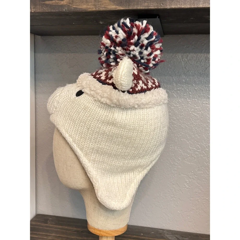 Polar Bear Knit Hat Beanie White Red Blue Pom Pom Winter Fall‎